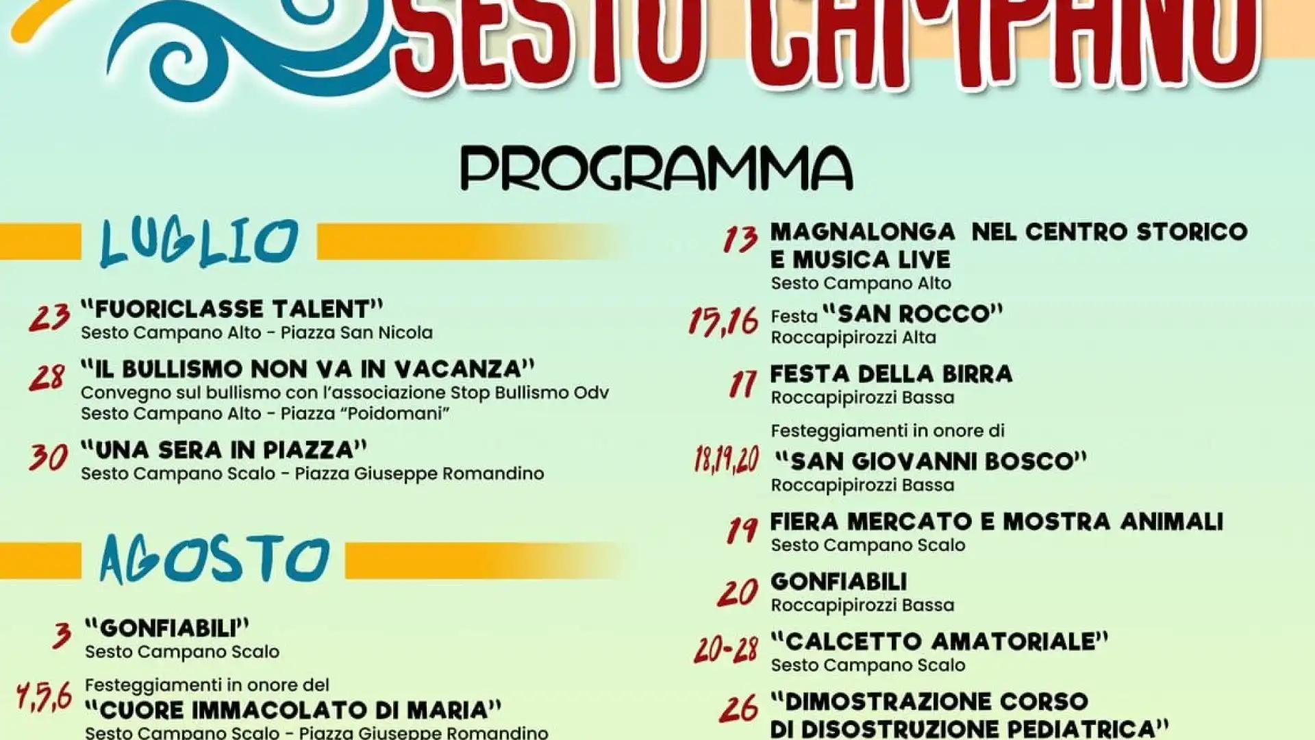 Estate a Sesto Campano: tutto il programma degli eventi proposto  da Comune, Pro Loco e associazioni. Scarica la locandina